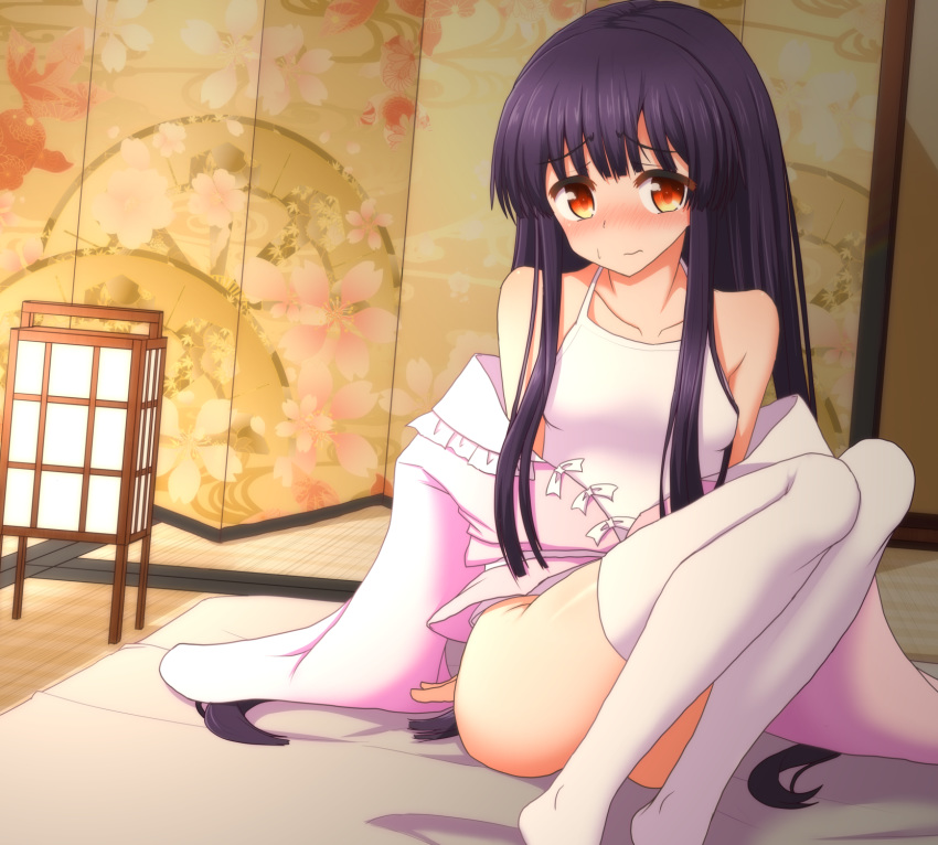 ass bangs bare_shoulders bed_sheet black_hair blush bow breasts brown_eyes camisole closed_mouth collarbone commentary_request convenient_leg eyebrows_visible_through_hair feet_out_of_frame frilled_shirt_collar frills highres houraisan_kaguya indoors japanese_clothes kimono knees_up long_hair long_sleeves looking_at_viewer no_pants no_shoes nose_blush pink_kimono sidelocks sitting small_breasts solo sweat tatami teoi_(good_chaos) thighhighs thighs touhou very_long_hair white_bow white_legwear wide_sleeves