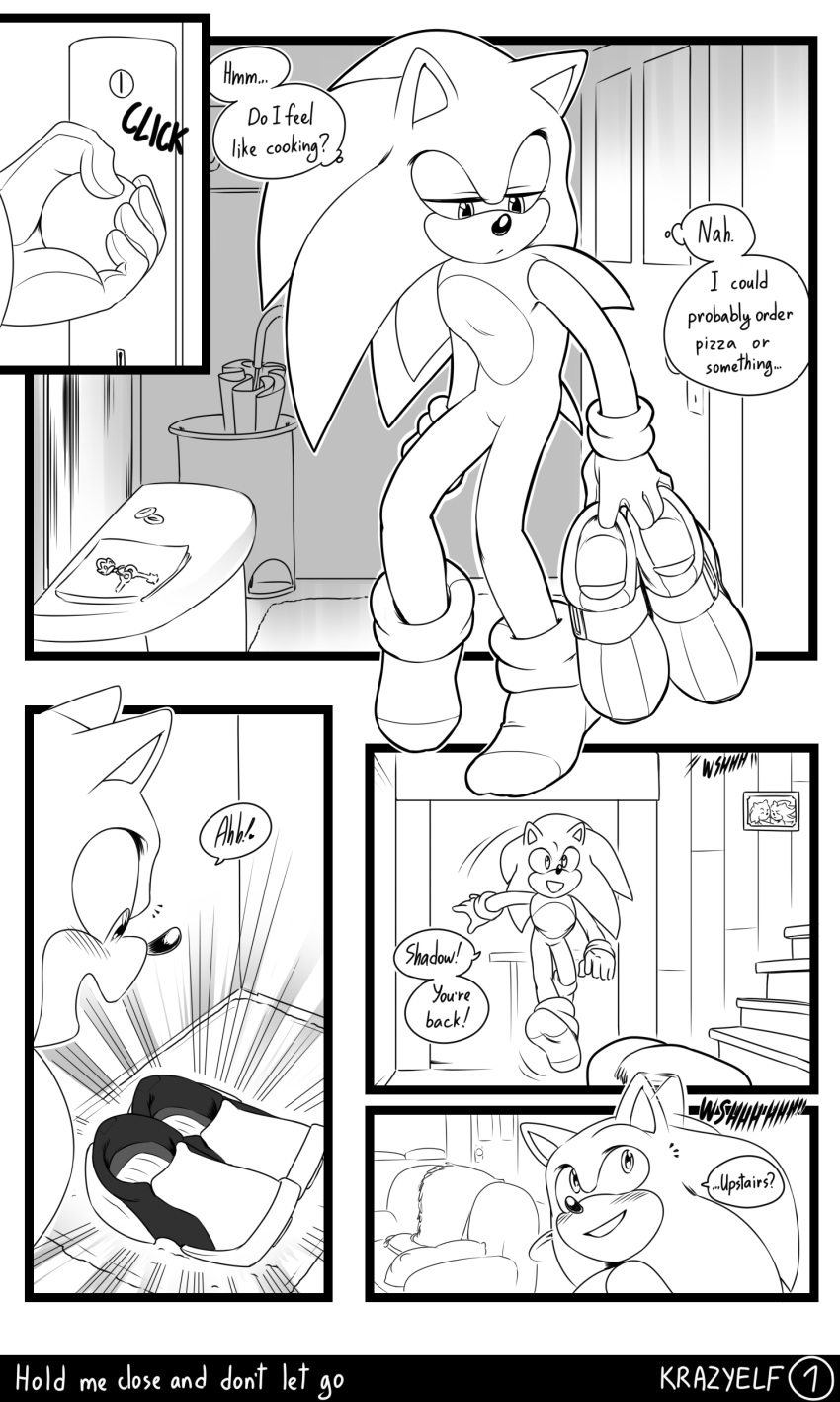 absurd_res anthro clothing comic dialogue english_text eulipotyphlan footwear hedgehog hi_res krazyelf male mammal open_mouth open_smile sega shoes smile solo sonic_the_hedgehog sonic_the_hedgehog_(series) sound_effects text