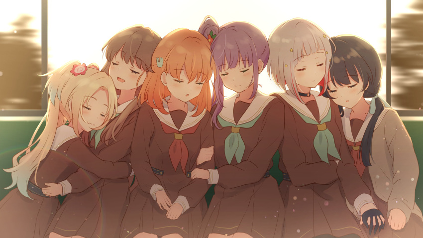 6+girls absurdres arm_grab black_choker black_gloves blonde_hair blue_hair brown_cardigan brown_dress brown_hair cardigan choker closed_eyes closed_mouth colored_inner_hair dress fujishima_megumi gloves green_neckerchief hair_ornament hasu_no_sora_school_uniform highres hinoshita_kaho holding_hands hug interlocked_fingers link!_like!_love_live! long_hair long_sleeves love_live! medium_hair mole mole_on_neck multicolored_hair multiple_girls murano_sayaka neckerchief open_cardigan open_clothes open_mouth orange_hair osawa_rurino otomune_kozue parted_lips purple_hair red_hair red_neckerchief sailor_collar school_uniform short_hair sidelocks sitting sleeping soramizuki star_(symbol) star_hair_ornament train_interior twintails two_side_up upper_body white_hair white_sailor_collar winter_uniform yugiri_tsuzuri