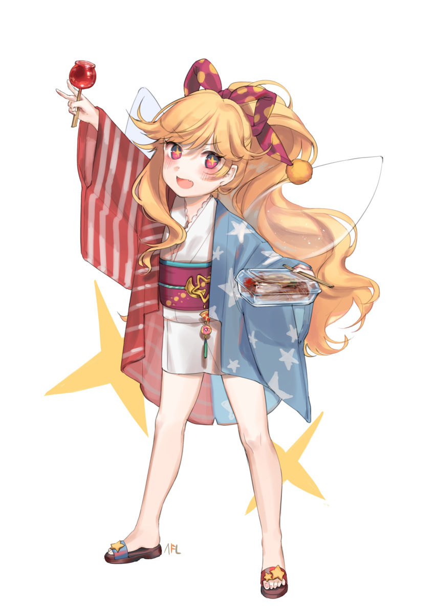 1girl :d absurdres adapted_costume american_flag_kimono arm_up blonde_hair blush brown_footwear candy_apple chopsticks clownpiece commentary container eyebrows_visible_through_hair fairy_wings fang food full_body hair_ribbon haori highres holding holding_food japanese_clothes kimono long_hair looking_at_viewer no_hat no_headwear obi open_mouth pink_eyes polka_dot_ribbon purple_ribbon purple_sash ribbon sandals sash shan short_kimono simple_background smile solo standing touhou v very_long_hair wavy_hair white_background white_kimono wings