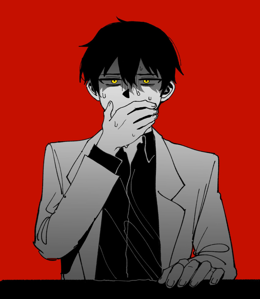 1boy ayin_(project_moon) black_hair black_shirt coat covering_mouth hand_over_own_mouth highres lobotomy_corporation long_sleeves maskv project_moon red_background shirt simple_background solo upper_body white_coat yellow_eyes