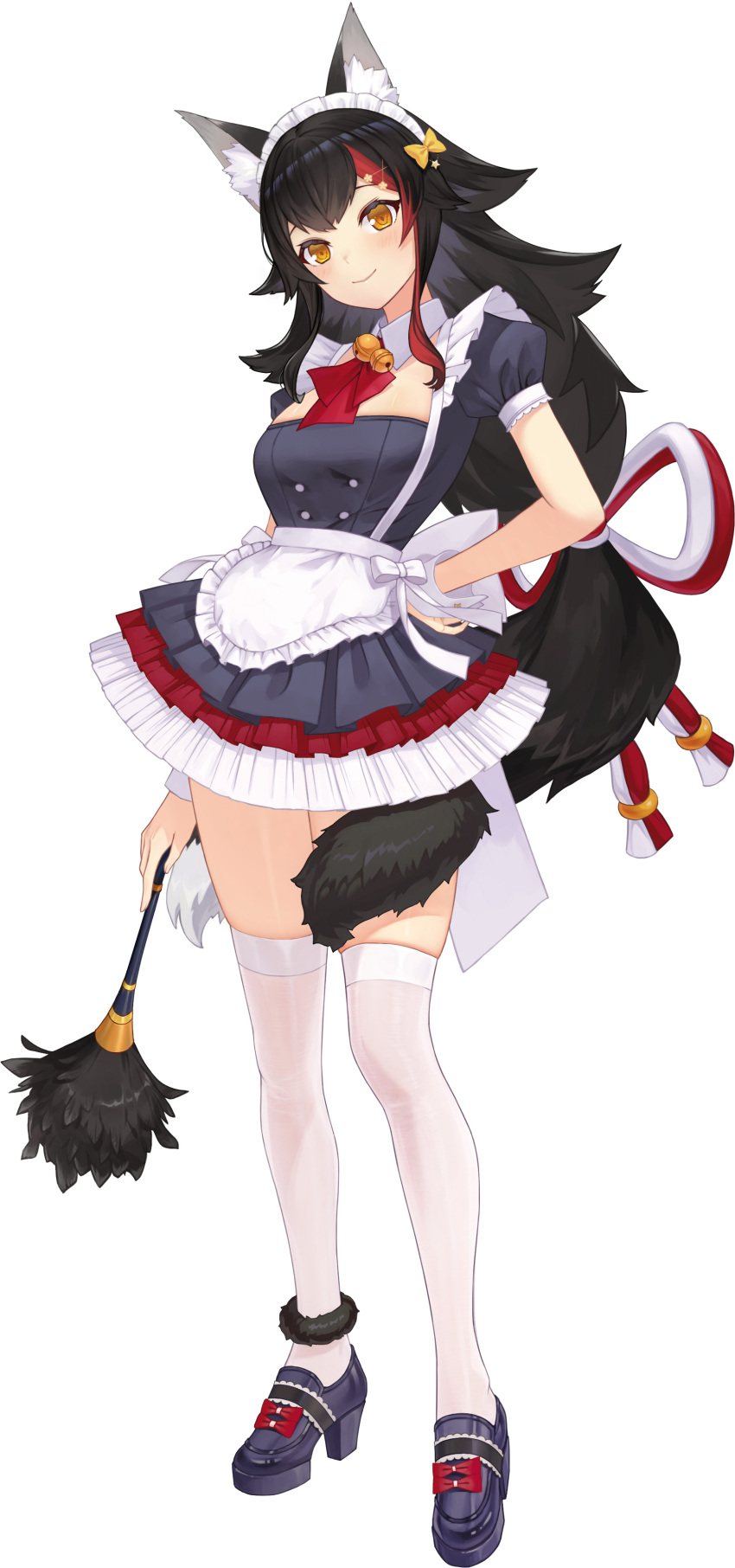 1girl absurdres alternate_costume animal_ear_fluff animal_ears apron black_dress black_hair breasts dress duster frilled_apron frills hair_ornament hairclip hand_on_own_hip highres hololive how_u looking_at_viewer maid maid_apron maid_headdress multicolored_hair ookami_mio platform_footwear platform_heels puffy_short_sleeves puffy_sleeves red_hair ribbon short_sleeves smile solo streaked_hair tail tail_around_own_leg tail_wrap thighhighs thighs unconventional_maid virtual_youtuber waist_apron white_apron wolf_ears wolf_girl wolf_tail wrist_cuffs yellow_eyes yellow_ribbon