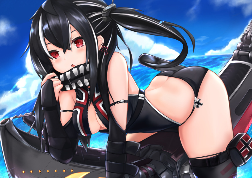 ass azur_lane backless_swimsuit black_gloves black_hair black_legwear black_swimsuit breasts bridal_gauntlets butt_crack cleavage cloud day earrings elbow_gloves gloves jewelry leaning_forward long_hair ocean one-piece_swimsuit open_mouth outdoors red_eyes ryara_vivi sitting sky solo straddling swimsuit thighhighs twintails u-47_(azur_lane) unzipped zipper