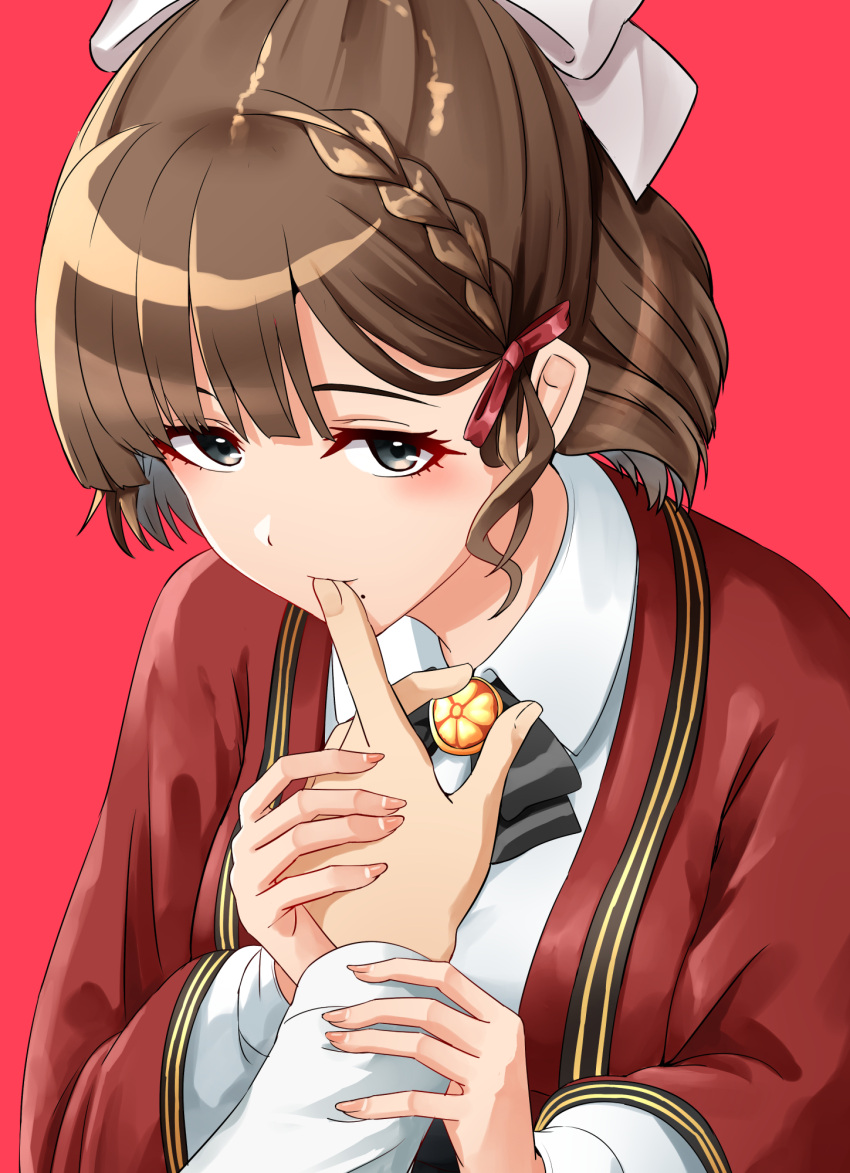 1girl asahi_(kancolle) breasts brown_hair coat collared_shirt dress_shirt finger_in_another's_mouth finger_sucking grey_eyes hair_ribbon hand_grab highres kamelie kantai_collection large_breasts long_sleeves mole mole_under_mouth red_coat ribbon shirt short_hair solo_focus white_ribbon