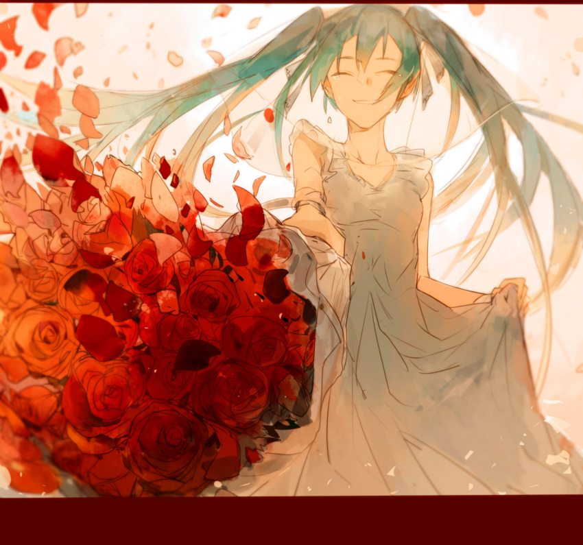 ashorz blue_hair bouquet closed_eyes commentary crying dress eyebrows_visible_through_hair floating_hair flower gradient gradient_background grey_dress happy hatsune_miku highres letterboxed long_hair outstretched_arm petals pink_background puffy_short_sleeves puffy_sleeves red_flower red_rose rose short_sleeves simple_background smile solo symbol_commentary tears teeth twintails vocaloid white_background