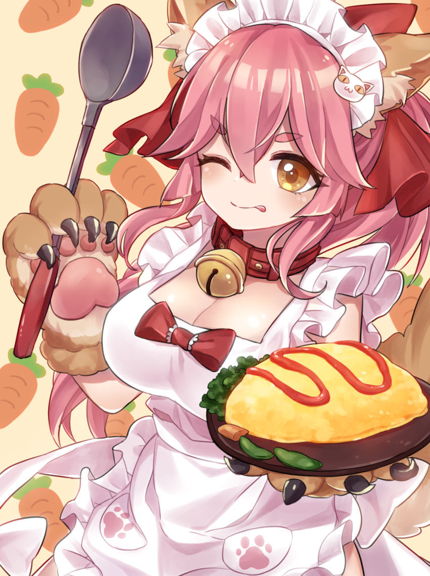 ;p animal_ear_fluff animal_ears apron bad_id bad_pixiv_id bell bell_collar breasts cat_hair_ornament cat_paws cleavage collar fangs fate/grand_order fate_(series) food fox_ears fox_tail gloves hair_ornament hair_ribbon highres jingle_bell large_breasts long_hair looking_at_viewer maid_headdress naked_apron omelet one_eye_closed paw_gloves paws pink_hair ponytail red_ribbon ribbon solo soramame_pikuto tail tamamo_(fate)_(all) tamamo_cat_(fate) thick_eyebrows tongue tongue_out yellow_eyes