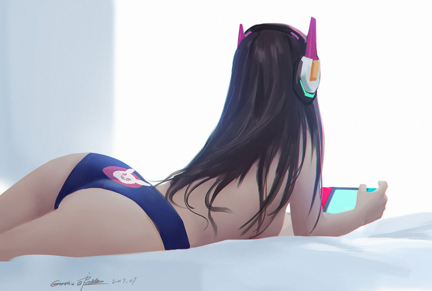 animal_print ass bed blue_panties breasts brown_hair bunny_print commentary_request d.va_(overwatch) facing_away from_behind game_console handheld_game_console headphones long_hair lying nintendo nintendo_switch on_stomach overwatch panties qichao_wang sideboob solo topless underwear window