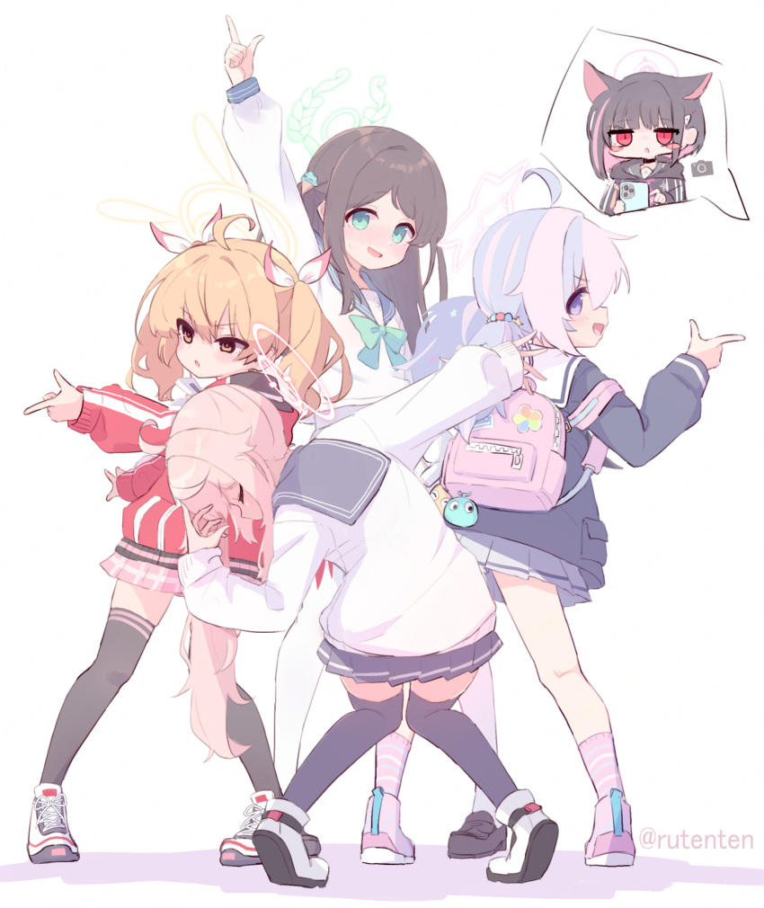 5girls after-school_sweets_club_(blue_archive) ahoge airi_(blue_archive) animal_ears aqua_eyes arm_up artist_name backpack bag black_hair black_sailor_collar black_skirt black_thighhighs blonde_hair blue_archive bow bowtie brown_hair cat_ears closed_eyes from_behind full_body green_bow green_bowtie hair_between_eyes halo hand_up highres holding holding_phone jacket kazusa_(blue_archive) knees_together_feet_apart long_hair long_sleeves looking_at_viewer looking_to_the_side multiple_girls natsu_(blue_archive) open_mouth parody phone pink_bag pink_hair pink_halo pink_skirt plaid plaid_skirt pointing pointing_up posing puffy_long_sleeves puffy_sleeves purple_eyes purple_footwear purple_hair purple_socks red_eyes red_jacket reisa_(blue_archive) ruten_(onakasukusuku) sailor_collar shirt shukusei!!_loli-gami_requiem sideways_glance sideways_mouth simple_background skirt smile socks spoken_character standing star_halo thighhighs twintails twitter_username white_background white_footwear white_shirt yellow_halo yoshimi_(blue_archive)