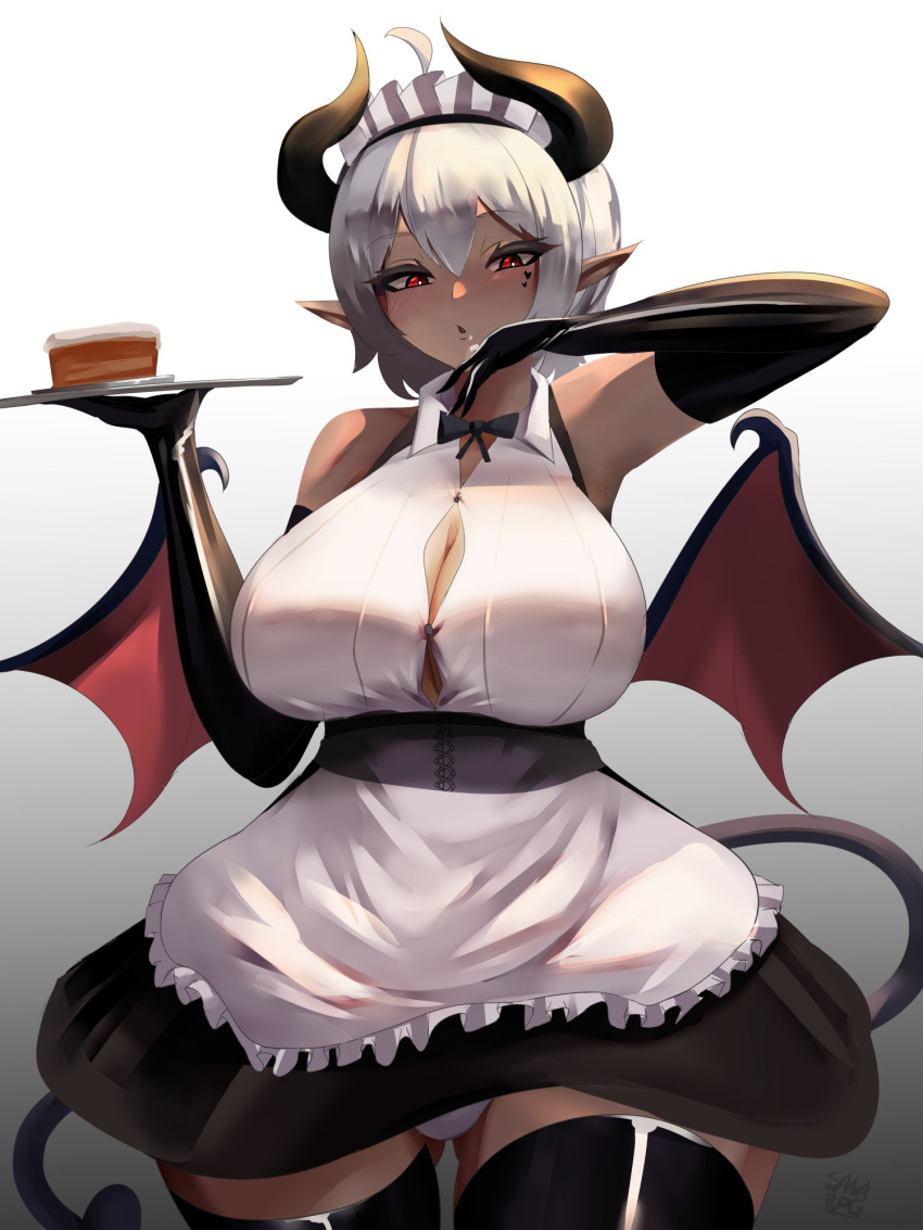 1girl :o ahoge bare_shoulders black_horns black_tail black_thighhighs black_wings bow bowtie breasts cake cleavage curvy dark-skinned_female dark_skin demon_girl demon_horns demon_tail elbow_gloves food gloves gradient_background hair_between_eyes heart highres horns large_breasts maid original pointy_ears red_eyes sana!rpg short_hair signature tail thick_thighs thighhighs thighs tray two-tone_background white_background wings