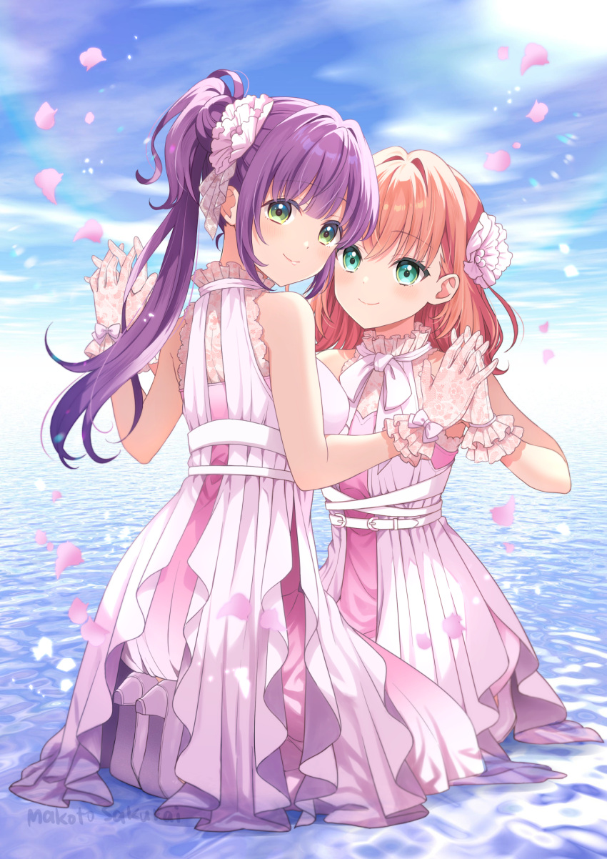 2girls artist_name bare_shoulders blue_sky breasts closed_mouth cloud commentary_request day dress gloves green_eyes hair_between_eyes high_heels highres hinoshita_kaho horizon kneeling link!_like!_love_live! looking_at_viewer love_live! medium_breasts multiple_girls ocean orange_hair otomune_kozue outdoors pink_dress pleated_dress purple_hair sakurai_makoto_(custom_size) seiza shoe_soles shoes side_ponytail signature sitting sky sleeveless sleeveless_dress smile water white_dress white_footwear white_gloves