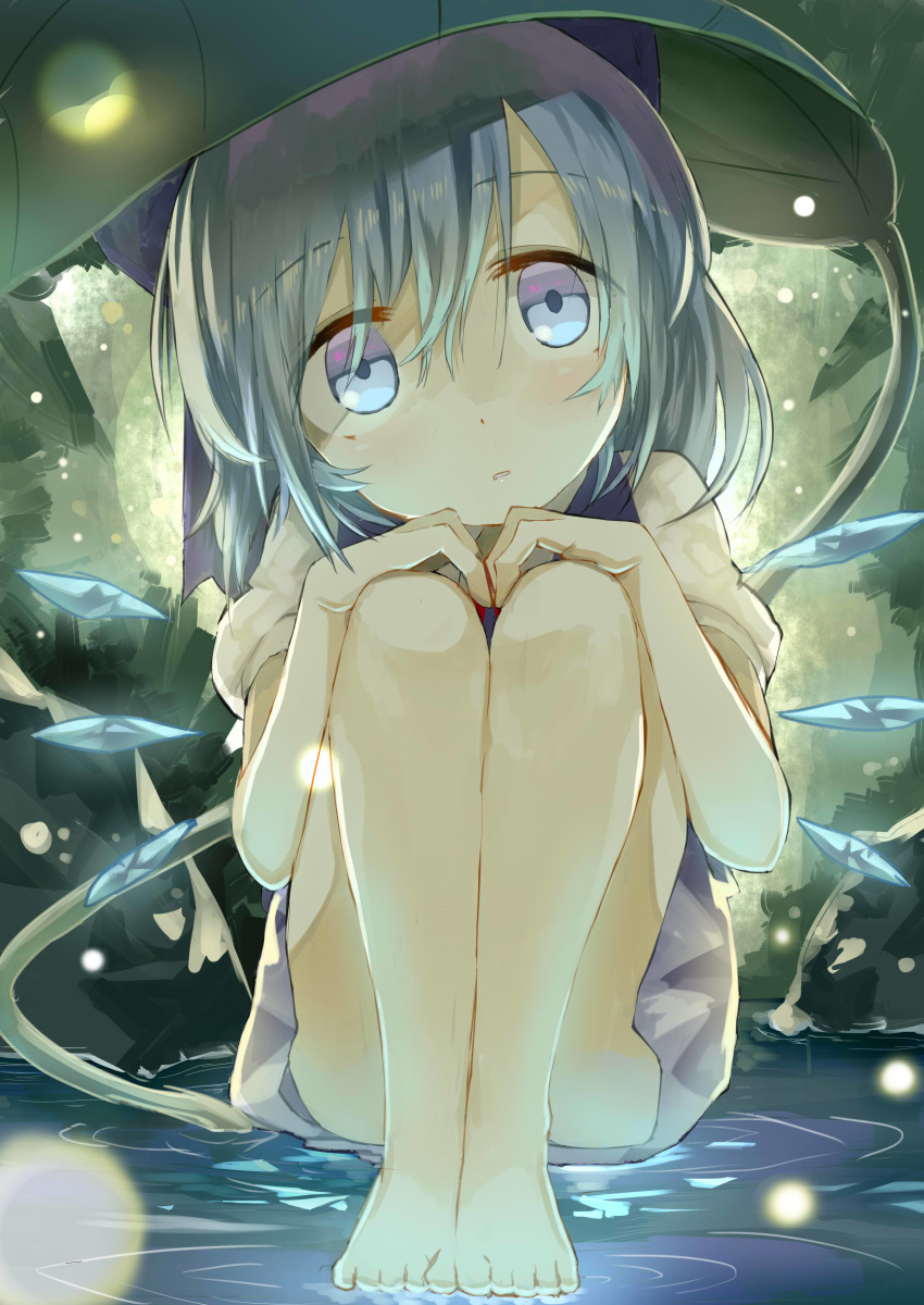 absurdres backlighting bare_legs barefoot blue_bow blue_dress blue_eyes blue_hair bow cirno collared_shirt commentary_request day dress dress_shirt eyebrows_visible_through_hair eyes_visible_through_hair hair_between_eyes hair_bow hands_on_own_knees head_tilt highres ice ice_wings leaf light_particles looking_at_viewer nature outdoors puffy_short_sleeves puffy_sleeves raised_eyebrows ripples shirt short_hair short_sleeves sitting solo touhou water white_shirt wing_collar wings yamato_(muchuu_paradigm)