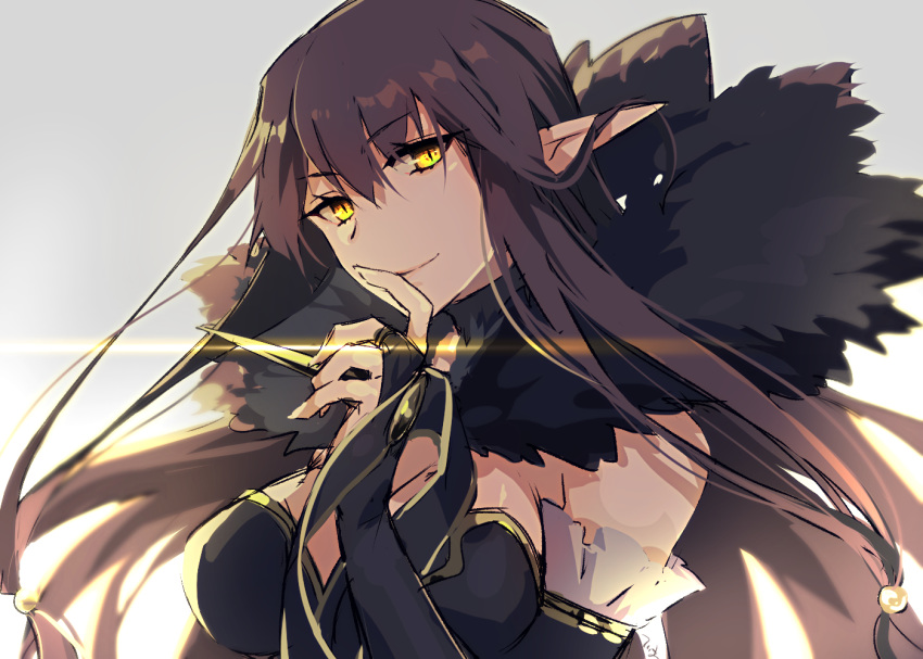 bangs bare_shoulders black_dress black_hair breasts bridal_gauntlets brown_hair cleavage commentary_request detached_sleeves dress eyebrows_visible_through_hair fate/apocrypha fate_(series) finger_to_mouth frills fur_trim large_breasts long_dress long_hair looking_at_viewer pointy_ears semiramis_(fate) slit_pupils smile solo spikes tia_(cocorosso) yellow_eyes