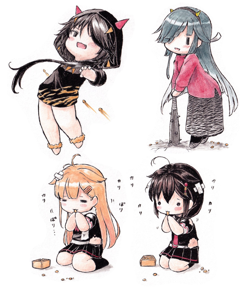 beans black_hair black_skirt chibi club_(weapon) crossed_bandaids eating fake_horns fang food hair_flaps hair_ornament hair_over_one_eye hayashimo_(kancolle) highres horns kako_(kancolle) kantai_collection long_hair masu multiple_girls official_alternate_costume open_mouth pleated_skirt poipoi_purin scarf school_uniform serafuku setsubun shigure_(kancolle) shigure_kai_ni_(kancolle) simple_background skirt socks solid_circle_eyes spiked_club torn_clothes very_long_hair weapon white_background white_scarf yuudachi_(kancolle) yuudachi_kai_ni_(kancolle)