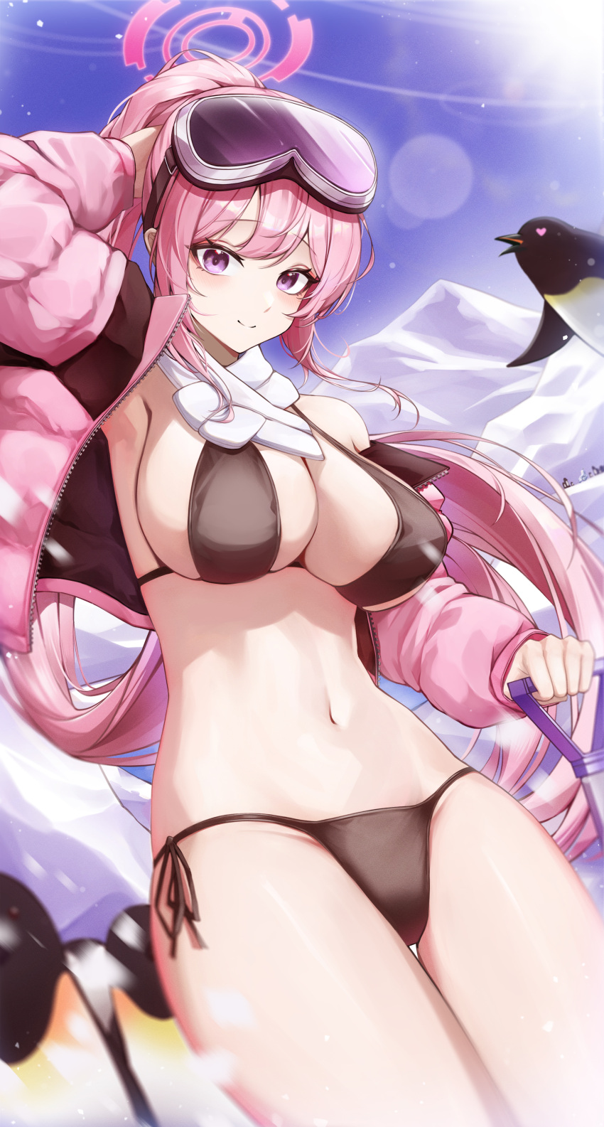 1girl absurdres animal armpits bikini bird black_bikini blue_archive blush breasts cleavage closed_mouth cowboy_shot eimi_(blue_archive) eimi_(swimsuit)_(blue_archive) goggles goggles_on_head guard_(mungcom88) halo highres jacket large_breasts long_hair long_sleeves looking_at_viewer navel official_alternate_costume official_alternate_hairstyle open_clothes open_jacket penguin pink_eyes pink_hair pink_halo pink_jacket ponytail scarf side-tie_bikini_bottom smile solo swimsuit white_scarf