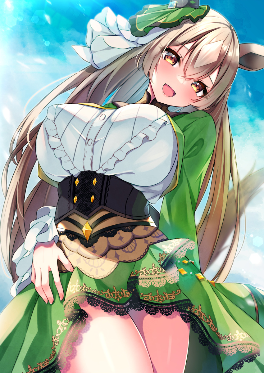 1girl :d animal_ears aonu_koru belt blue_sky breasts brown_eyes brown_hair commentary_request day dress green_dress hair_between_eyes hair_ornament highres horse_ears horse_girl horse_tail large_breasts long_hair looking_at_viewer open_mouth outdoors revision satono_diamond_(umamusume) sky smile solo standing tail thighs umamusume very_long_hair