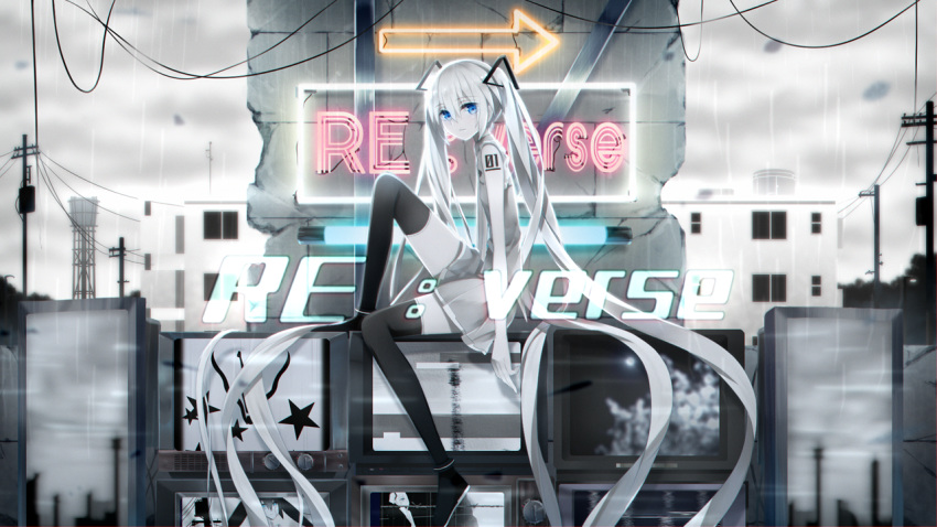 arrow bare_arms black_legwear blue_eyes boots building cable cityscape expressionless eyebrows_visible_through_hair from_side hatsune_miku long_hair looking_at_viewer miniskirt monochrome neon_lights pleated_skirt rain ruins sakakidani shirt sitting skirt sleeveless sleeveless_shirt solo spot_color tattoo television thigh_boots thighhighs twintails very_long_hair vocaloid water_tower white_hair zettai_ryouiki