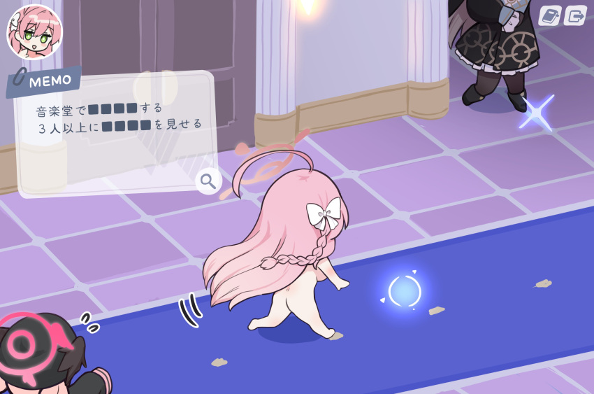 3girls absurdres ahoge ass beret black_headwear black_wings blue_archive braid breasts completely_nude door floor flying_sweatdrops gameplay_mechanics grey_hair halo hanako_(blue_archive) hat head_wings highres koharu_(blue_archive) large_breasts long_hair motion_lines multiple_girls nude pink_hair pink_halo sacha sakurako_(blue_archive) single_braid wings