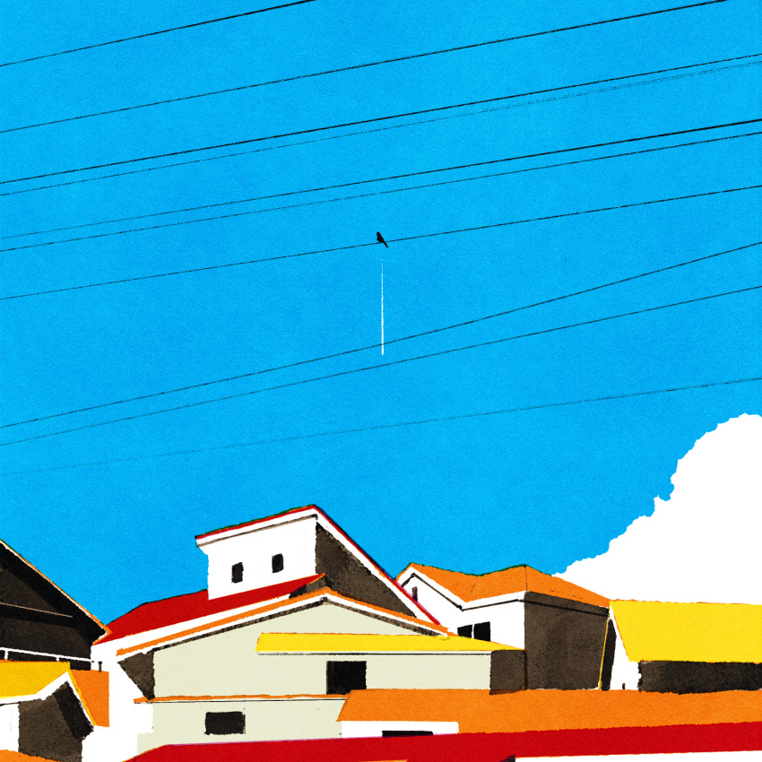 bird blue_sky building cloud commentary day highres house iida_kento no_humans original outdoors perching poop power_lines rooftop scenery silhouette sky symbol-only_commentary window