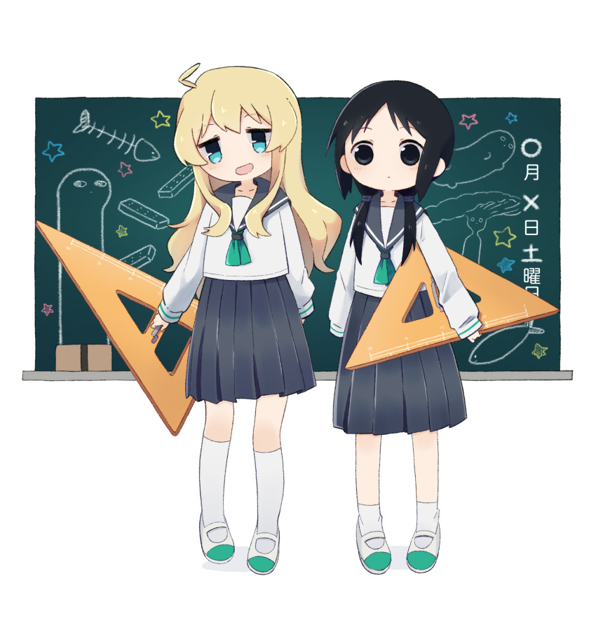 2girls absurdres black_hair blonde_hair chalkboard chito_(shoujo_shuumatsu_ryokou) collarbone commentary_request full_body green_neckerchief grey_sailor_collar grey_skirt highres holding holding_ruler multiple_girls neckerchief pleated_skirt ruler sailor_collar school_uniform serafuku shirt shoujo_shuumatsu_jugyou shoujo_shuumatsu_ryokou simple_background skirt socks standing star_(symbol) white_background white_shirt yuuri_(shoujo_shuumatsu_ryokou) zarameru_(tsukumo)