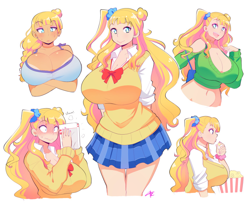 arms_behind_back blonde_hair blue_eyes blue_scrunchie blush breasts cleavage commentary crossed_arms earrings english_commentary food full-face_blush galko hair_ornament hair_scrunchie highres huge_breasts jewelry long_hair looking_at_viewer midriff multiple_views necklace open_mouth oshiete!_galko-chan plaid plaid_skirt popcorn school_uniform scrunchie side_ponytail signature simple_background skirt smile sweater sweater_vest tan tanline theycallhimcake thighs very_long_hair white_background