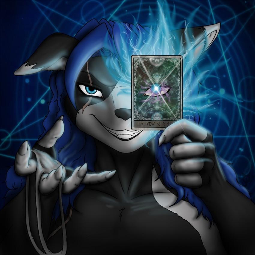 anthro breasts canine card dragon dragonofdarkness13 energy eye_patch eyewear female flat_chested grin hybrid laruh magic mammal scar small_breasts smile solo tarot_card