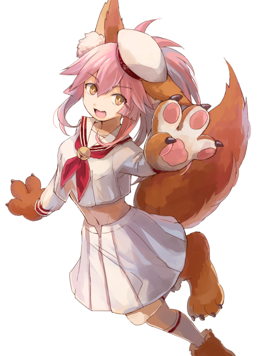 animal_ear_fluff animal_ears bell bell_collar cat_paws collar cosplay fangs fate/grand_order fate_(series) fox_ears fox_tail gloves hat highres long_hair midriff navel open_mouth paw_gloves paw_shoes paws pink_hair ponytail sailor shishima shoes simple_background solo tail tamamo_(fate)_(all) tamamo_cat_(fate) white_background yellow_eyes