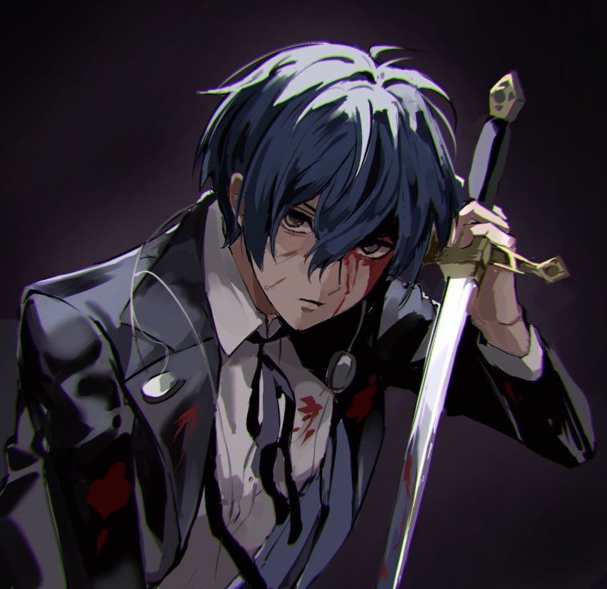 1boy black_background black_jacket black_ribbon blood blood_on_clothes blood_on_face blood_on_weapon blue_hair chromatic_aberration closed_mouth collared_shirt commentary_request expressionless gradient_background grey_background grey_eyes hair_between_eyes headphones headphones_around_neck highres jacket joowon_(jju_oon) korean_commentary long_sleeves looking_at_viewer male_focus neck_ribbon open_clothes open_jacket persona persona_3 planted planted_sword ribbon shirt short_hair simple_background solo sword upper_body weapon white_shirt wing_collar yuuki_makoto