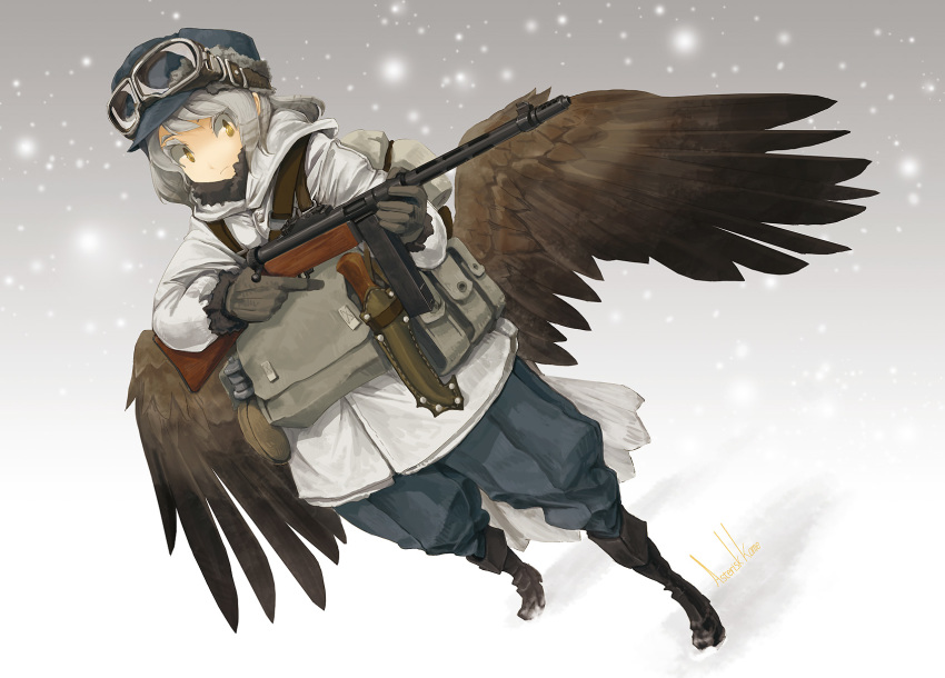 asterisk_kome brown_wings canteen dagger dutch_angle gloves goggles goggles_on_headwear gun hat highres holding holding_gun holding_weapon military military_hat military_uniform original sheath sheathed silver_hair snow snowing solo submachine_gun suomi_kp/-31 uniform weapon winged_fusiliers wings winter_clothes yellow_eyes