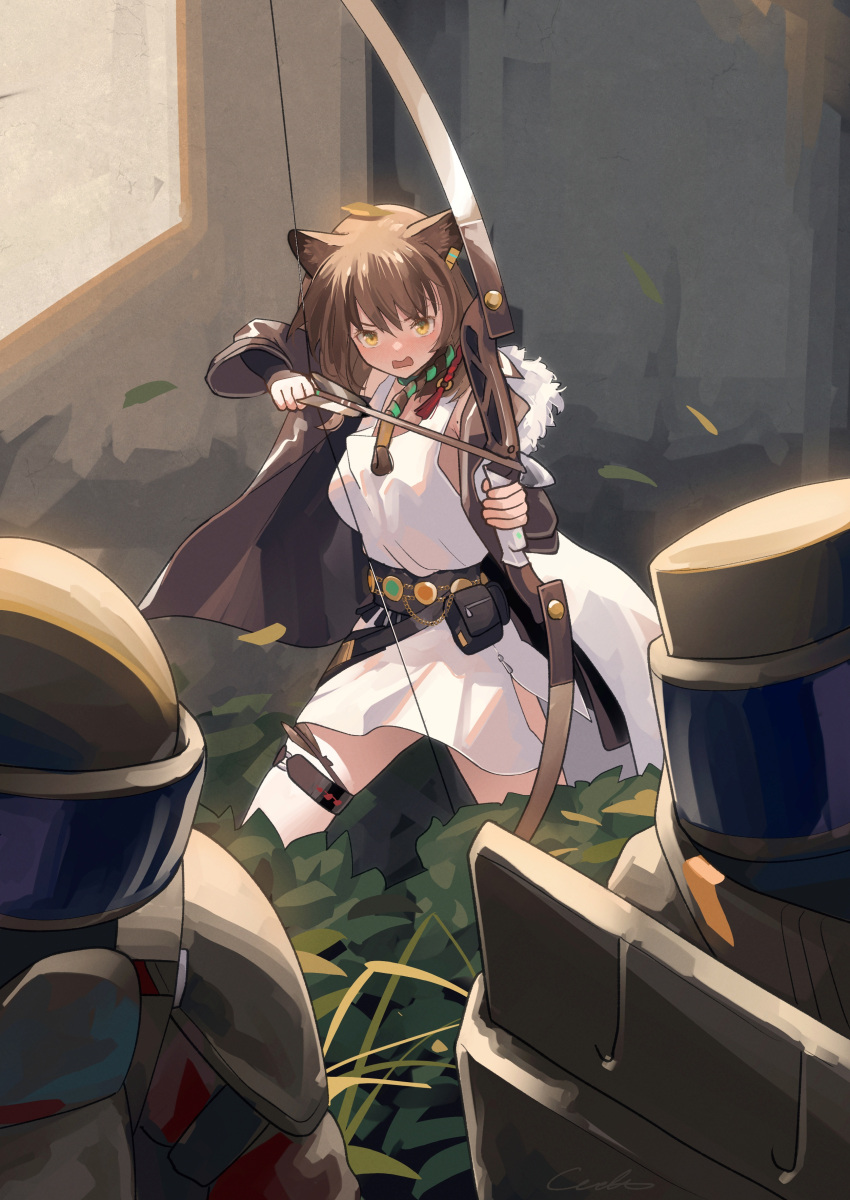 1girl absurdres animal_ears arknights arrow_(projectile) bow_(weapon) brown_hair brown_jacket chinese_commentary commentary_request dress highres holding holding_bow_(weapon) holding_weapon jacket long_hair lunacub_(arknights) open_mouth sleeveless sleeveless_dress solo weapon welt_(kinsei_koutenkyoku) white_dress wolf_ears wolf_girl yellow_eyes