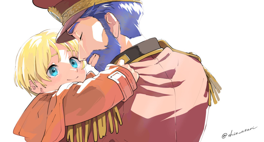 2boys beard blonde_hair blue_eyes blue_hair claude_kenni closed_mouth facial_hair father_and_son hat highres male_focus military_uniform multiple_boys ronixis_kenni shiohi simple_background smile star_ocean star_ocean_the_second_story uniform white_background