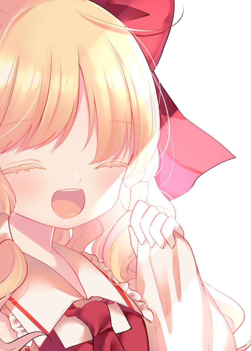 1girl ascot blonde_hair blush bow cacao_(cacaomgmg) closed_eyes commentary_request cosplay hair_bow hair_tubes hakurei_reimu hakurei_reimu_(cosplay) highres kirisame_marisa long_hair open_mouth red_ascot red_bow simple_background smile solo touhou white_background