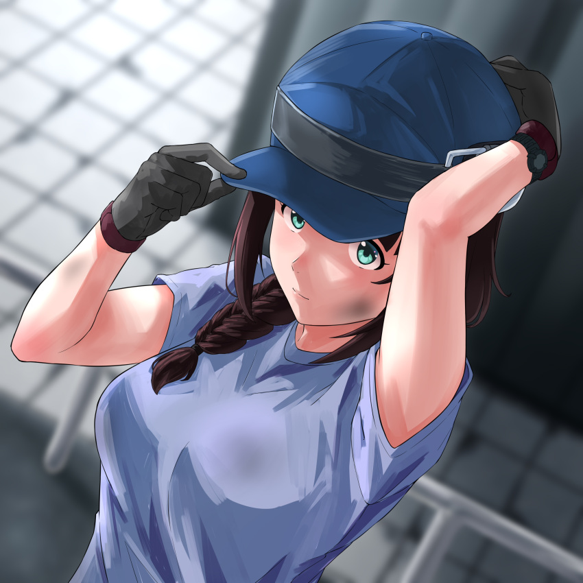 1girl absurdres adjusting_clothes adjusting_headwear bang_brave_bang_bravern black_gloves blue_eyes blue_headwear blue_shirt blurry blurry_background braid breasts brown_hair dirty dirty_face gloves highres medium_breasts miyu_katou mutsuki_(mutsuki0110) outdoors shirt short_sleeves sidewalk solo upper_body yuuki_bakuhatsu_bang_bravern