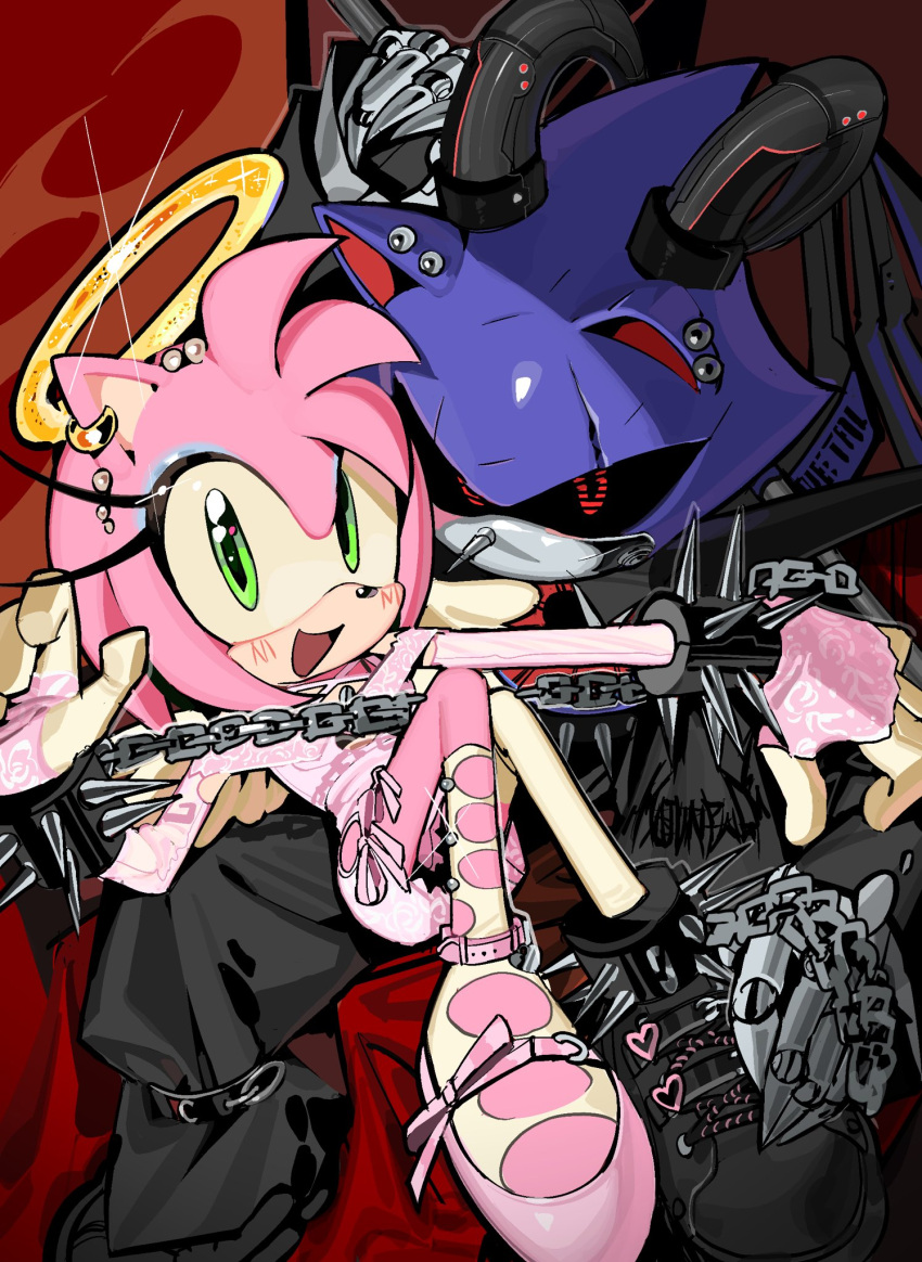 1boy 1girl alternate_costume amy_rose angel angel_and_devil animal_nose armor artificial_eye asymmetrical_footwear asymmetrical_legwear baggy_pants ballet_slippers band_shirt black_footwear black_pants black_sclera blue_armor blush bracelet colored_sclera cuffs demon demon_horns demon_wings dress ear_piercing earrings fake_claws fingerless_gloves gloves green_eyes halo heavy_metal hedgehog_boy hedgehog_ears hedgehog_girl highres holding holding_scythe horns jewelry kneehighs legwear_cutout leotard long_eyelashes looking_at_viewer mechanical_eye mechanical_wings merchandise metal_sonic mojunpwo pants piercing pink_dress pink_footwear pink_fur pink_leotard pointy_nose punk red_background red_eyes robot scar scar_across_eye scratches scythe shackles sideways_glance single_thighhigh sitting smile socks sonic_(series) spiked_boots spiked_bracelet spikes thighhighs white_socks white_thighhighs wings