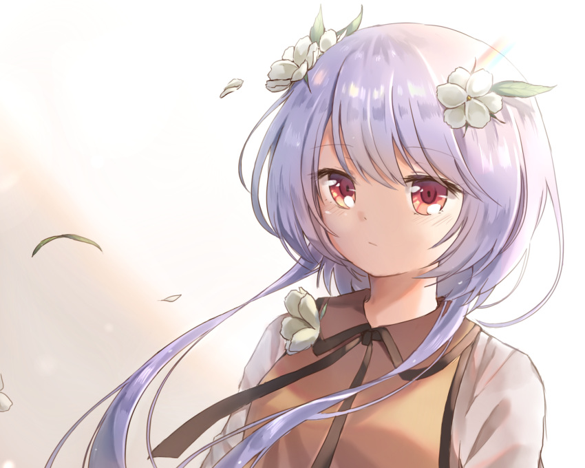 arms_at_sides black_ribbon expressionless eyebrows_visible_through_hair flower gradient gradient_background hair_between_eyes hair_flower hair_ornament highres lavender_hair leaf looking_at_viewer petals pudding_(skymint_028) red_eyes ribbon shirt short_hair sidelocks simple_background solo tan_vest touhou tsukumo_benben upper_body white_shirt wind