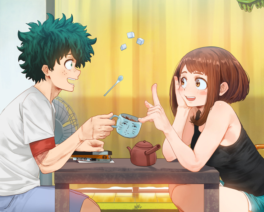 1girl :d arm_support bangs bare_arms bare_shoulders black_camisole blush_stickers boku_no_hero_academia book brown_eyes brown_hair camisole commentary cup curtains floating freckles from_side funhaus green_eyes green_hair hand_on_own_cheek hand_rest hand_up head_rest highres holding holding_cup index_finger_raised indoors justin_leyva_(steamy_tomato) looking_up medium_hair messy_hair midoriya_izuku one-punch_man open_mouth parted_bangs scar shirt short_hair short_sleeves shorts sidelocks sitting smile spoon sugar_cube table teapot upper_body uraraka_ochako white_shirt