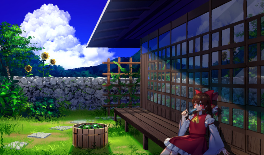 architecture blue_sky bow brown_hair bucket cloud cravat day detached_sleeves east_asian_architecture eating feet_out_of_frame flower food frilled_skirt frills fruit grass hair_bow hair_tubes hakurei_reimu kanou_(natsuno0223) long_hair looking_at_viewer mountain outdoors ponytail popsicle red_eyes red_skirt red_vest reflection scenery sidelocks sideways_glance sitting skirt skirt_set sky sliding_doors solo stepping_stones stone_wall summer sunflower touhou tree trellis veranda vest wall watermelon yellow_neckwear