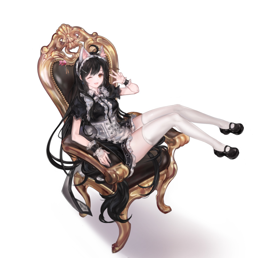 96dgd ;d absurdres ahoge animal_ears apron ara_han back_bow bangs black_footwear black_hair black_skirt bow center_frills commentary_request corset cross-laced_clothes elsword frilled_cuffs frilled_skirt frills full_body hair_ornament highres korean_commentary long_hair looking_at_viewer maid maid_apron maid_headdress mary_janes one_eye_closed open_mouth puffy_sleeves red_eyes shoes simple_background sitting_sideways skirt smile solo thighhighs throne very_long_hair w white_background white_bow white_legwear wrist_cuffs