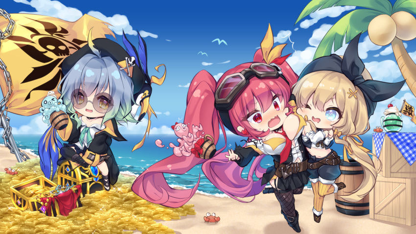 3girls anchor asymmetrical_legwear bandana barbaros_(shadowverse) bare_shoulders barrel beach beer_mug belt belt_buckle bird black_bandana black_corset black_footwear black_jacket black_skirt blonde_hair blue_eyes blue_hair blush breasts buckle chain chibi cleavage clothing_cutout cloud coconut coconut_tree coin collarbone corset crab crate cup deep-sea_scout_(shadowverse) embarrassed eyewear_on_head flag gem goggles goggles_on_head gold gold_coin hair_between_eyes hair_ornament hair_ribbon happy hat highres holding holding_cup horizon hug jacket jolly_roger large_breasts leaf long_hair long_sleeves medium_hair midriff miniskirt mismatched_legwear mole mole_on_breast mug multiple_girls navel ocean octopus one_eye_closed open_clothes open_jacket open_mouth palm_tree pantyhose pirate pirate_hat pleated_skirt red_eyes red_hair ribbon round_eyewear sand shadowverse shirt short_hair shorts side_slit skirt small_breasts stomach_cutout tidal_gunner_(shadowverse) tinted_eyewear tongue treasure_chest tree twintails very_long_hair white_shirt x_hair_ornament yellow_eyes ynn