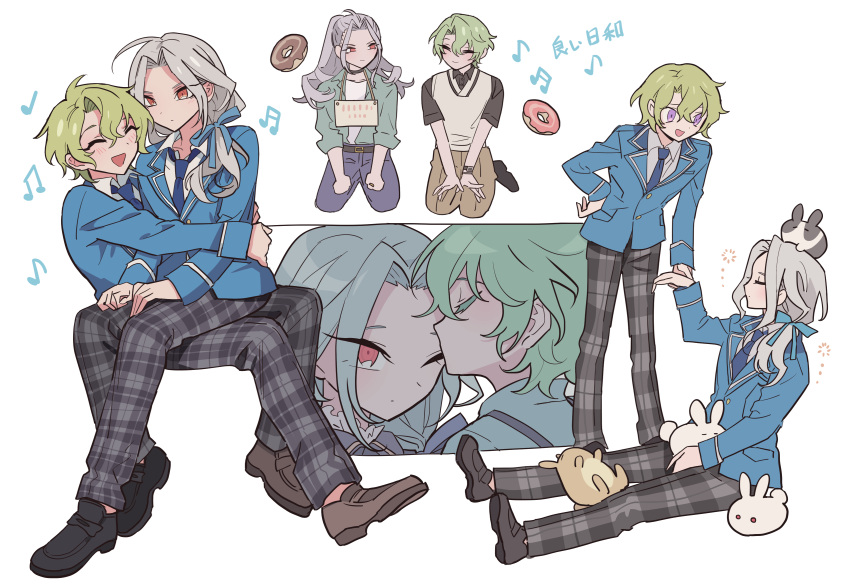 2boys absurdres animal_on_head blue_jacket blue_necktie closed_eyes closed_mouth collared_shirt commentary_request doughnut ensemble_stars! food full_body green_hair grey_hair hair_between_eyes hand_on_own_hip hands_on_own_legs happy highres holding_hands hug jacket kiss kissing_forehead kneeling long_hair long_sleeves looking_at_another male_focus meremero multiple_boys multiple_views musical_note necktie on_head one_eye_closed open_mouth pants plaid plaid_pants ponytail purple_eyes rabbit ran_nagisa red_eyes school_uniform shirt short_hair simple_background sitting sitting_on_lap sitting_on_person smile standing tomoe_hiyori translation_request upper_body white_background white_shirt yaoi yumenosaki_school_uniform