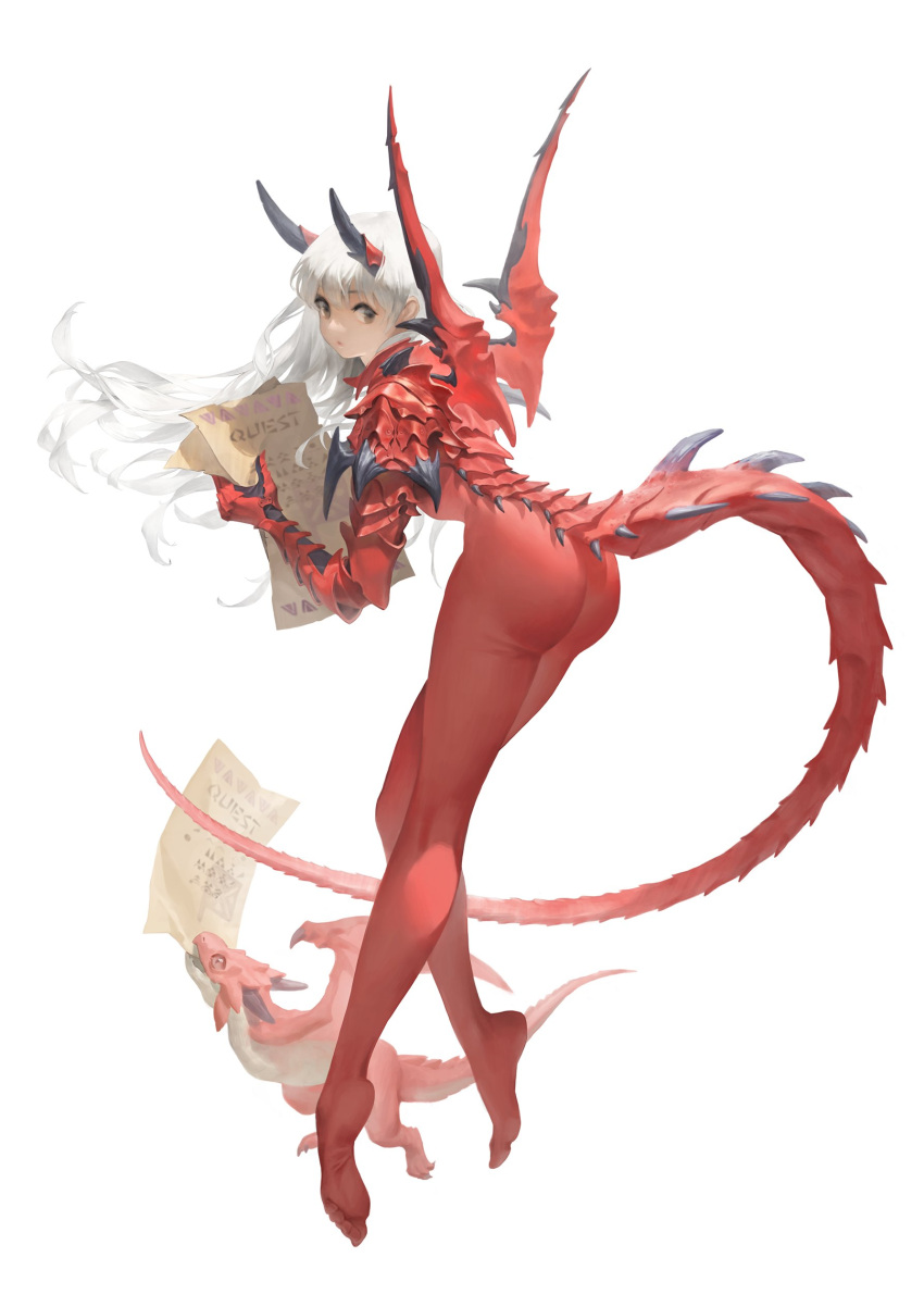 1girl absurdres bodysuit brown_eyes dragon_girl dragon_tail dragon_wings from_side full_body hair_spread_out highres holding holding_paper humanization jiyub long_hair looking_at_viewer looking_to_the_side monster_hunter_(series) no_shoes paper rathalos red_bodysuit simple_background solo tail white_background white_hair wings