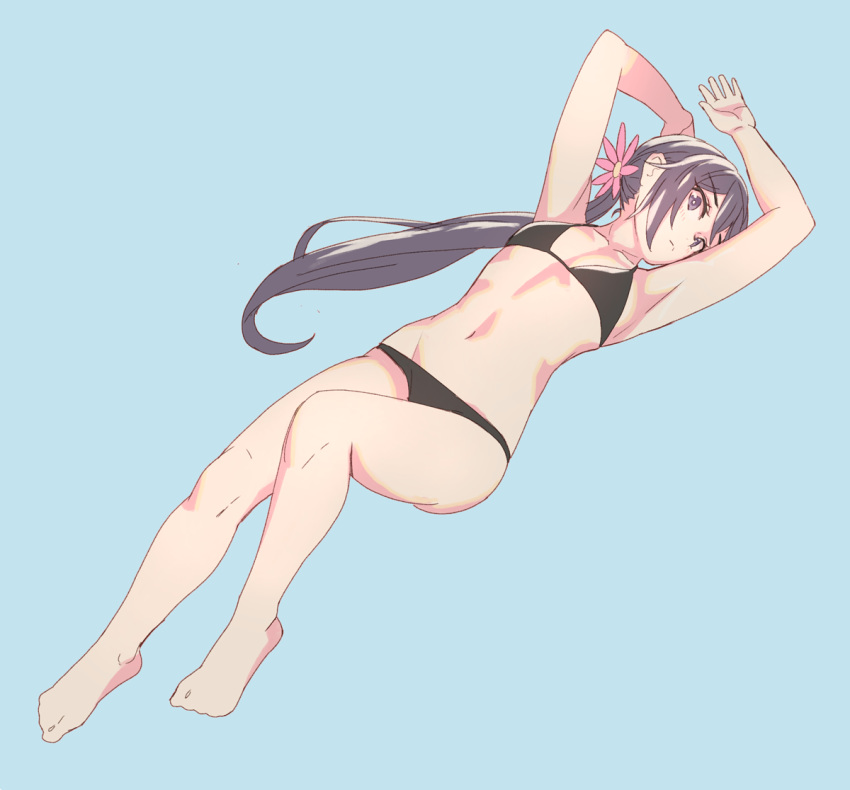 akebono_(kantai_collection) armpits arms_up barefoot bell bikini black_bikini blue_background collarbone flat_chest flower hair_bell hair_flower hair_ornament jingle_bell kantai_collection long_hair looking_at_viewer lying purple_eyes purple_hair side_ponytail simple_background solo swimsuit very_long_hair yuuji_(and)