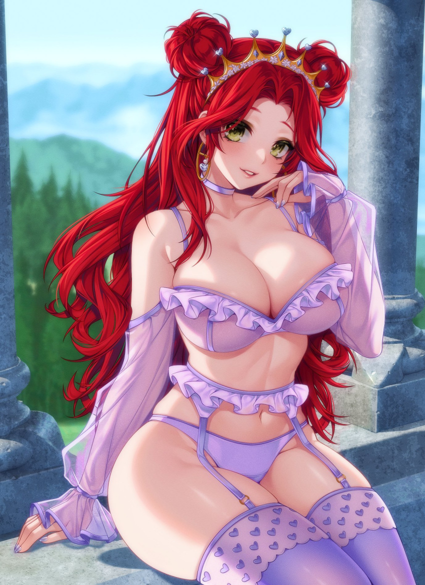 1girl bra breasts choker cleavage commentary detached_sleeves double_bun earrings frilled_bra frilled_garter_belt frills garter_belt green_eyes hair_bun highres hoop_earrings indie_virtual_youtuber jewelry large_breasts lingerie long_hair looking_at_viewer murmoruno nail_polish navel panties purple_nails red_hair see-through see-through_sleeves sitting sky stone_pillar symbol-only_commentary thighhighs thighs tiara tree underwear yumprincess