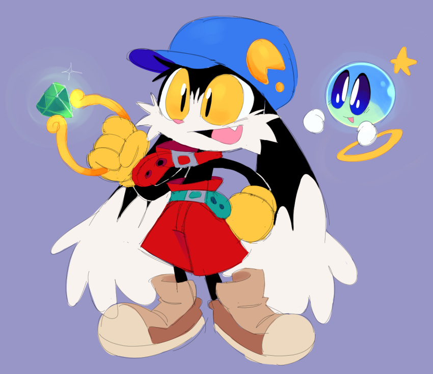 2021 4_fingers anthro bandai_namco black_body black_fur clothing domestic_cat duo fangs felid feline felis fingers footwear fur gloves hand_on_hip handwear happy huepow klonoa klonoa_(series) lumspark male mammal open_mouth pac-man pac-man_(series) simple_background sphere_creature spirit teeth yellow_clothing yellow_eyes yellow_gloves yellow_handwear