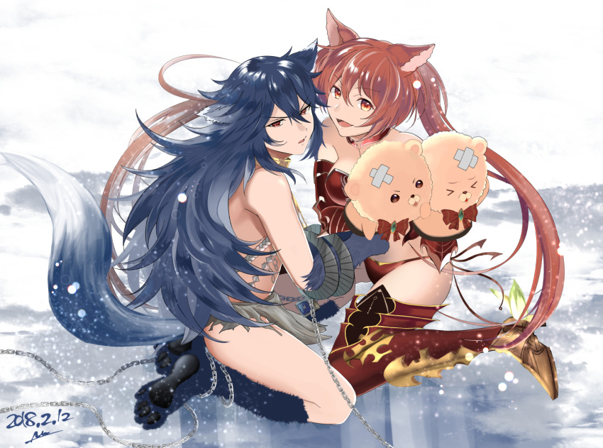 :d animal_ears armor bangs bare_shoulders big_hair blue_hair breasts cerberus_(shingeki_no_bahamut) chain chained commentary_request dated dog_ears dog_girl eyebrows_visible_through_hair fang fenrir_(shingeki_no_bahamut) flat_chest from_side full_body gloves gold_trim granblue_fantasy hair_between_eyes half-closed_eyes hand_puppet large_breasts long_hair looking_at_viewer looking_to_the_side multiple_girls nuu_(liebe_sk) open_mouth parted_bangs paw_boots paw_gloves paws puppet red_eyes red_hair shingeki_no_bahamut signature sitting sketch_eyebrows slit_pupils smile spiked_hair tail tsurime twintails v-shaped_eyebrows very_long_hair wolf_ears wolf_girl wolf_tail