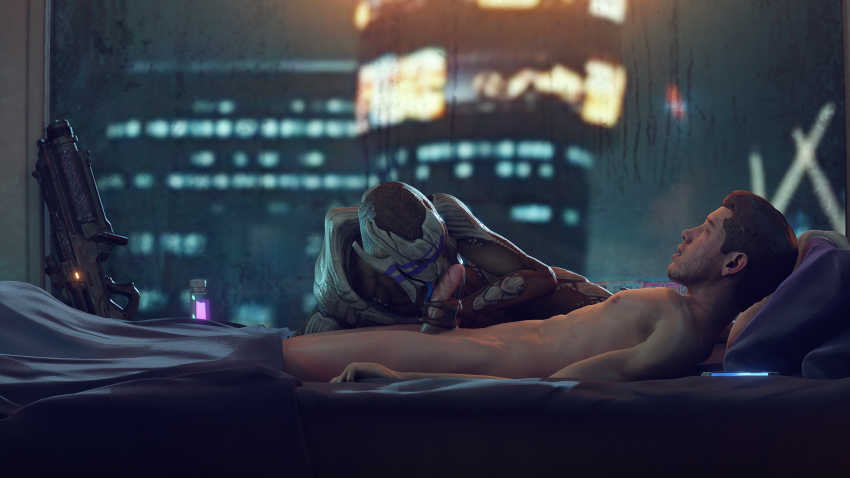 2023 3d_(artwork) absurd_res alien bed blender_(software) detailed_background digital_media_(artwork) doinks-ahoy duo erection female furniture genitals hi_res human human_on_humanoid humanoid interspecies licking male male/female mammal mass_effect nude nude_female nude_male oral penile penis penis_lick scott_ryder sex tongue tongue_out turian under_covers vetra_nyx