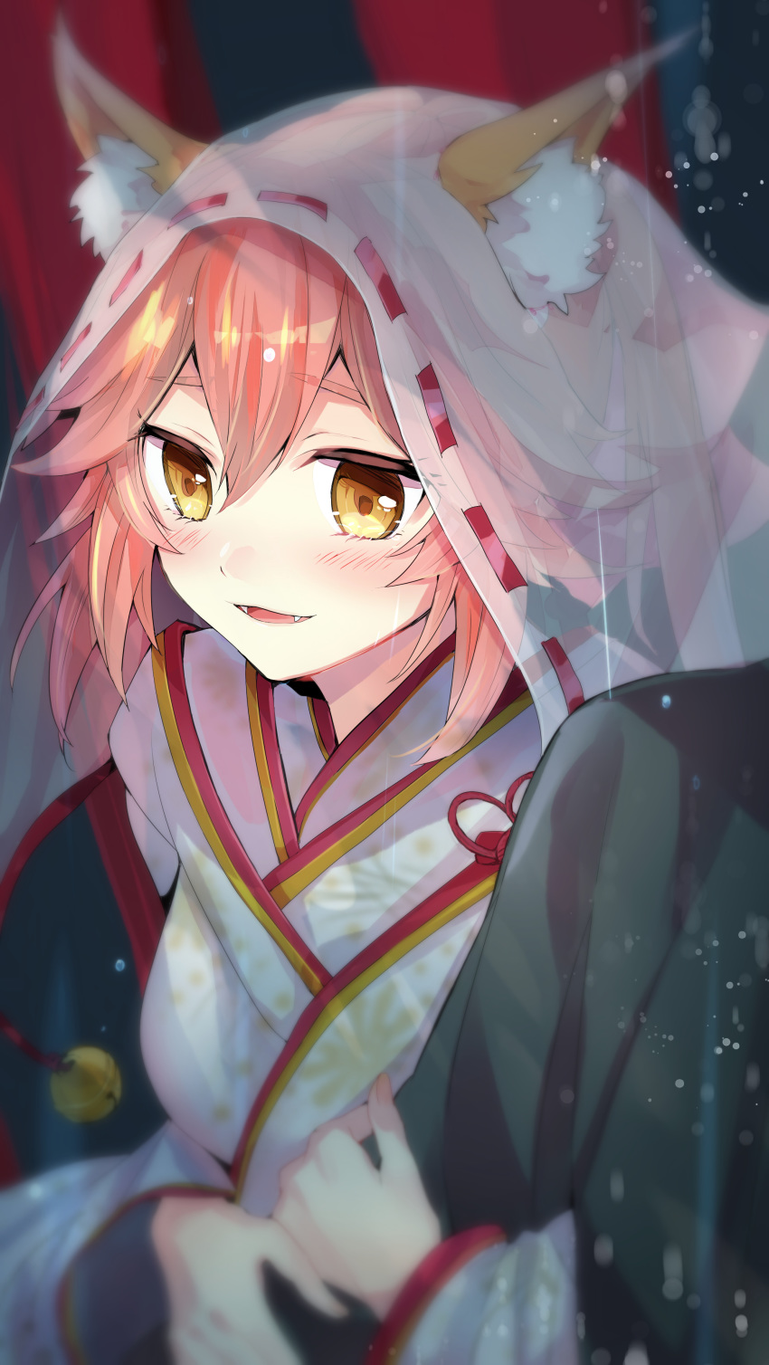 1girl absurdres animal_ear_fluff animal_ears bell blush breasts bridal_veil bride dress ears_through_headwear fangs fate/extra fate/grand_order fate_(series) fox_ears highres japanese_clothes kimono large_breasts long_hair looking_at_viewer open_mouth pink_hair see-through solo_focus tamamo_(fate)_(all) tamamo_no_mae_(fate) tomozero uchikake veil white_dress yellow_eyes