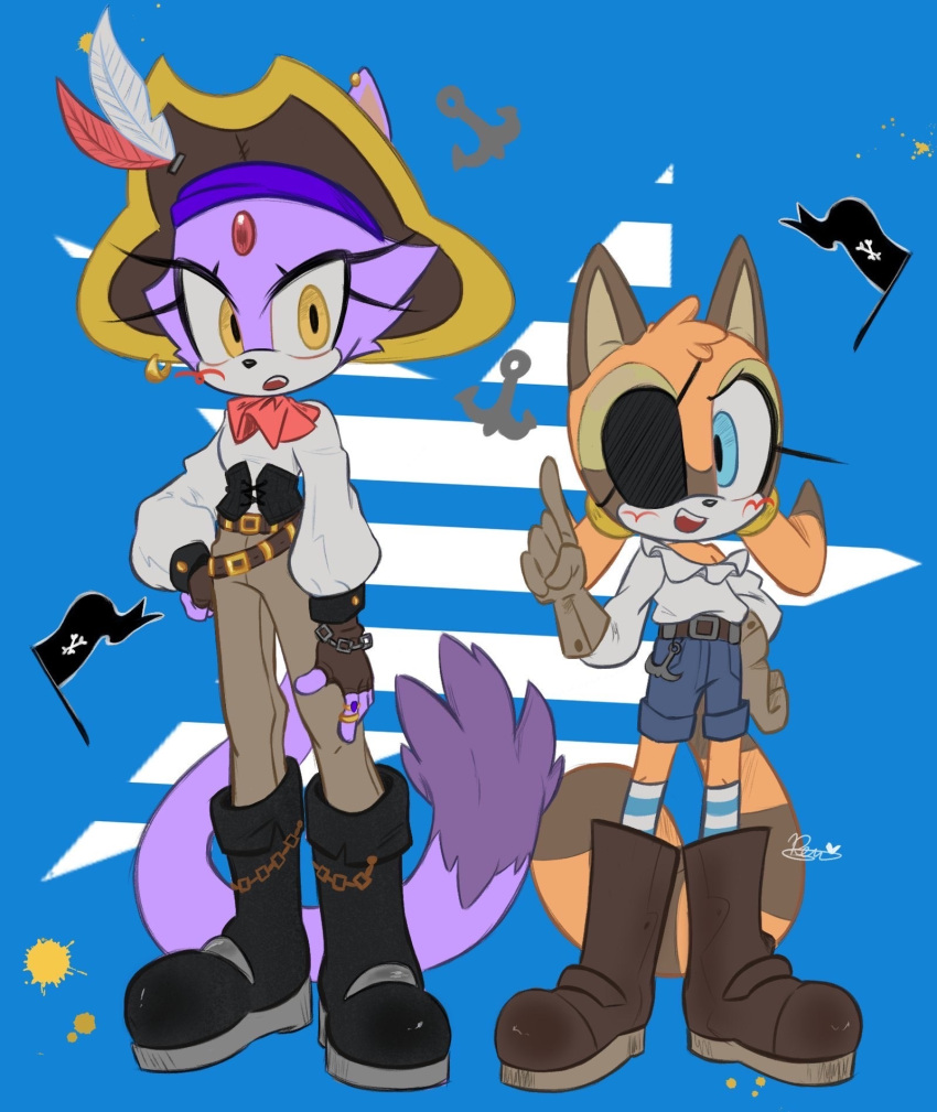 2girls animal_ears black_footwear blaze_the_cat blue_eyes boots brown_gloves cat_ears cat_girl cat_tail eyepatch fingerless_gloves flag forehead_jewel furry furry_female gloves hat highres kneehighs low_twintails marine_the_raccoon multiple_girls pants pirate pirate_hat raccoon_ears raccoon_girl raccoon_tail remimun shorts socks sonic_(series) striped_clothes striped_socks tail twintails yellow_eyes