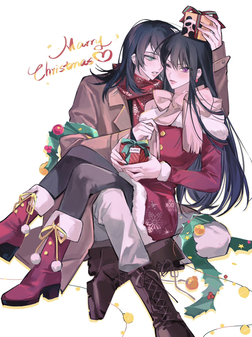 2girls bang_dream! bang_dream!_it's_mygo!!!!! black_hair black_pantyhose blush boots bow brown_footwear brown_jacket character_name closed_mouth commentary ear_piercing earrings fur-trimmed_jacket fur_trim gift green_eyes grey_bow grey_pants hashtag_only_commentary highres jacket jewelry long_hair long_sleeves m_omoo merry_christmas mole mole_under_eye multiple_girls off_shoulder one_eye_closed pants pantyhose parted_lips piercing purple_eyes red_footwear red_jacket red_scarf scarf shiina_taki sidelocks simple_background sitting sitting_on_lap sitting_on_person white_background yahata_umiri yuri