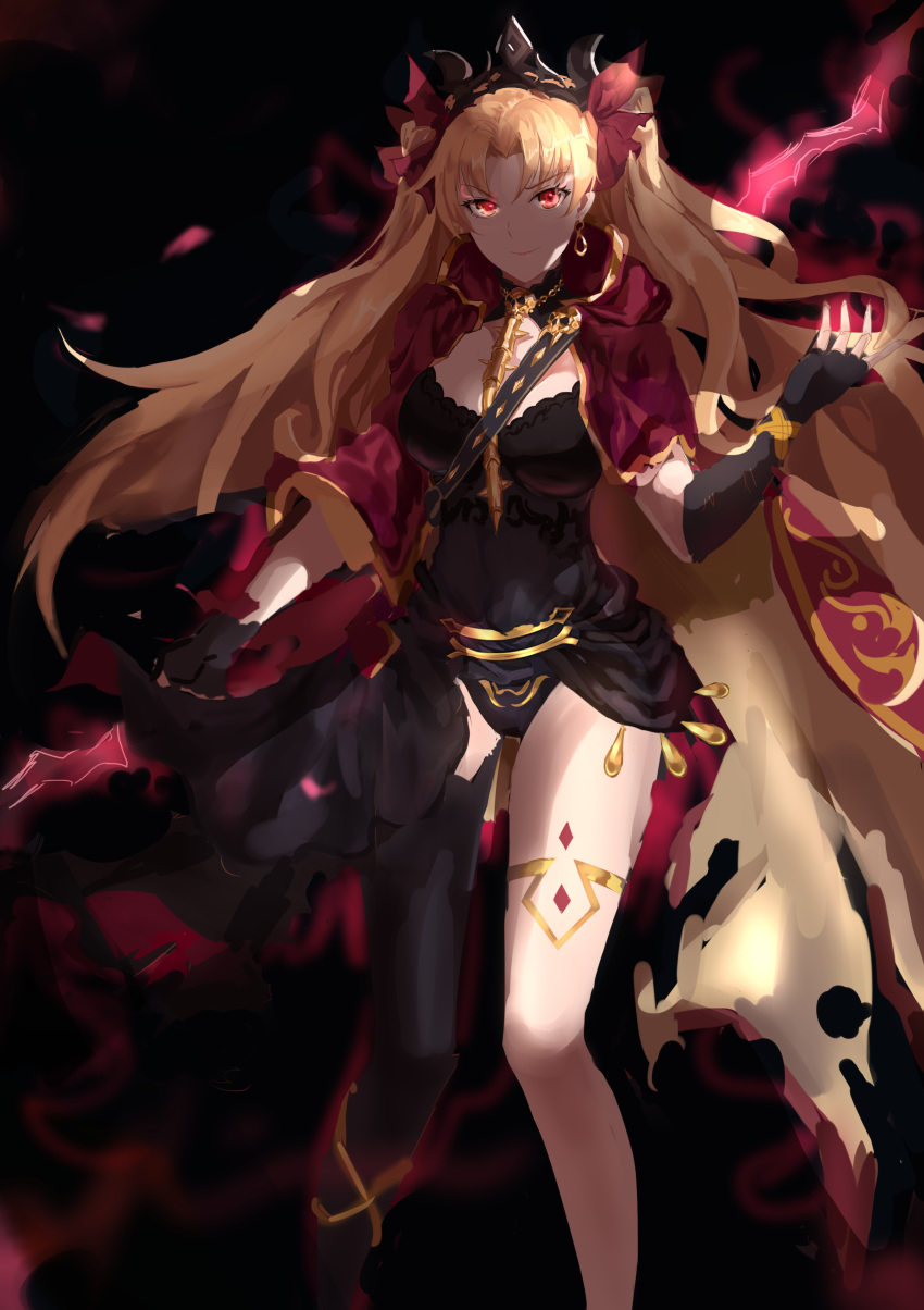 absurdres asymmetrical_legwear bangs between_breasts black_background black_legwear blonde_hair breasts buckle cape chinese_commentary commentary_request detached_collar earrings ereshkigal_(fate/grand_order) fate/grand_order fate_(series) fingerless_gloves gloves glowing glowing_weapon gold_trim hair_ribbon highres holding holding_weapon infinity jewelry long_hair looking_at_viewer multicolored multicolored_cape multicolored_clothes naemperor necklace parted_bangs red_cape red_eyes red_ribbon ribbon single_thighhigh skull solo spine thighhighs tiara two_side_up weapon yellow_cape