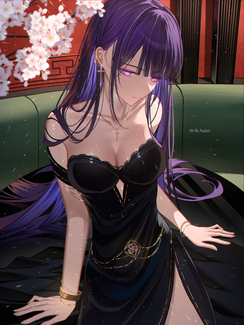 1girl absurdres alternate_costume artist_name axylon bangle bare_shoulders black_dress bracelet breasts closed_mouth collarbone commentary cross cross_earrings cross_necklace dress earrings english_commentary expressionless flower genshin_impact hair_behind_ear highres indoors jewelry long_hair looking_at_viewer medium_breasts mole mole_under_eye necklace purple_eyes purple_hair raiden_shogun side_slit solo strap_slip very_long_hair